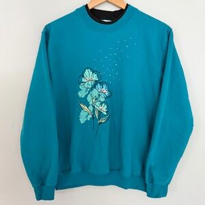 Grandmacore Granny Cottage Crewneck Sweatshirt Y2K Teal Blue Floral‎ Medium